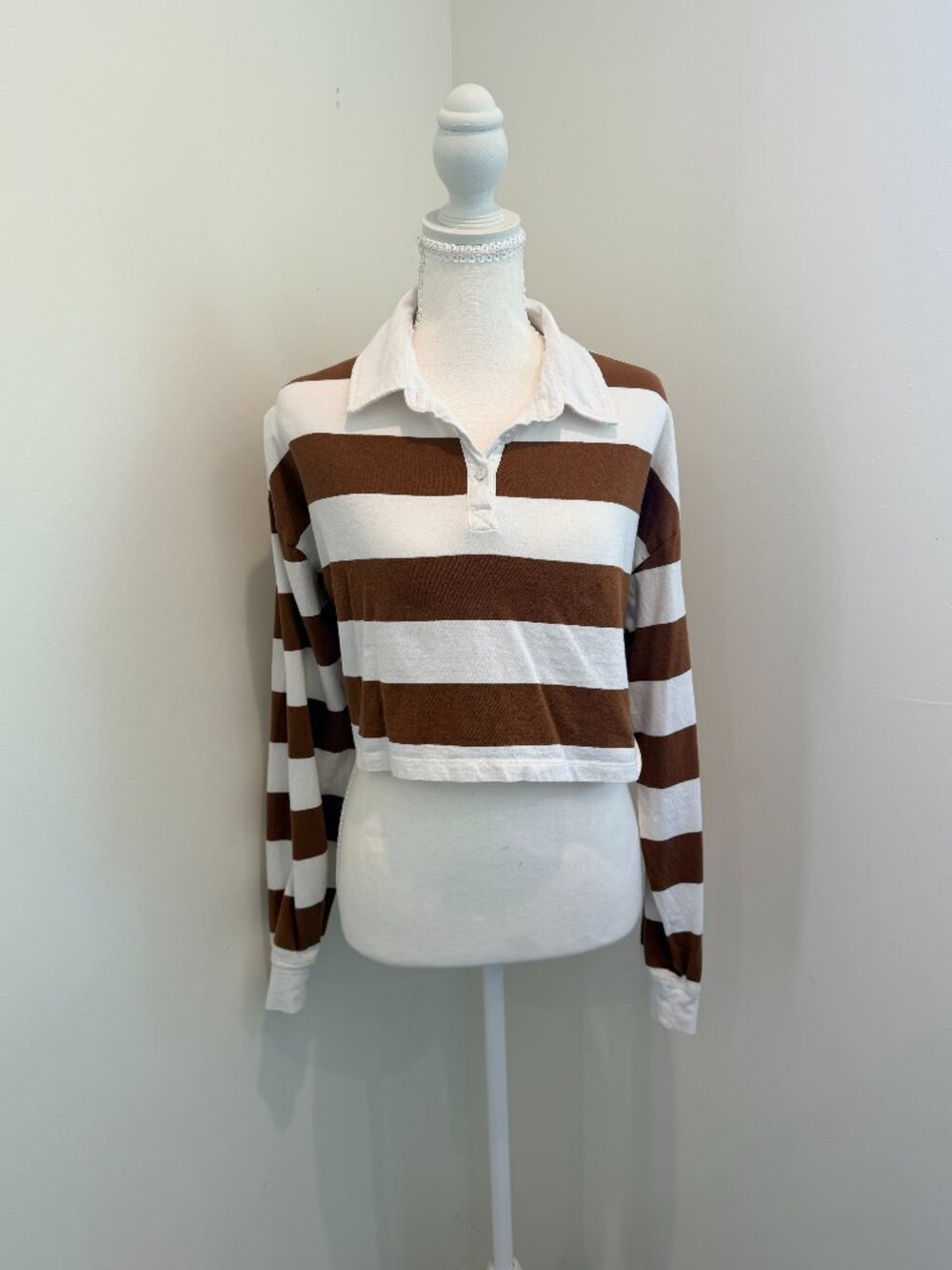 Love On A Hanger Cropped Rugby Shirt Brown White Striped Long Sleeve Polo Large